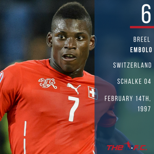 #6 - Breel Embolo - Schalke 04 - Breel is an integral part of the Swiss attack.  He is fast and loves to run at defenders but also has the luxury of being stronger then most at 6'1'' and 185 lbs.  If Captain Lichtsteiner of the Swiss team wants to make it out of the group stages, he will be feeding the ball to the big man.